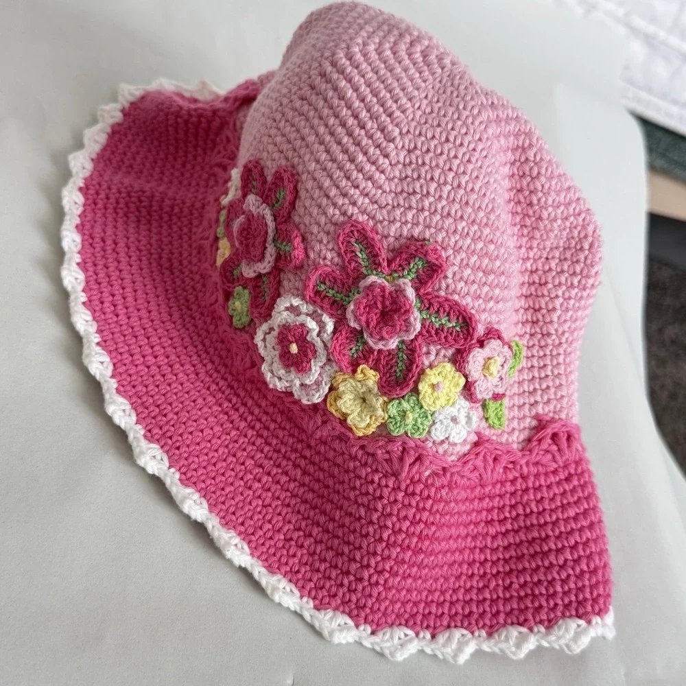 Hand & Heart Hand Crocheted Hat Pink Floral Spring Easter Toddler Girl‎